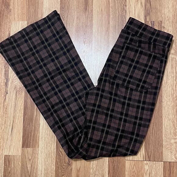 Retro High Rise Plaid Flare Pants Brown Black Ponte Knit Retro Y2K Size Medium - Picture 10 of 12